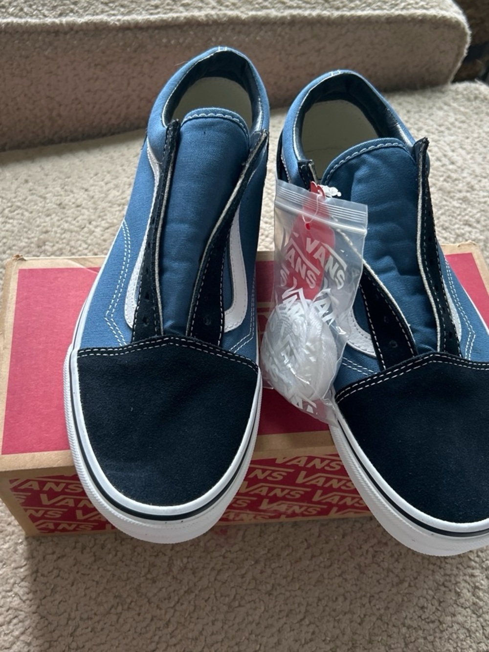 Vans Slip-On Sneakers in Navy Blue and Black with White Stripe